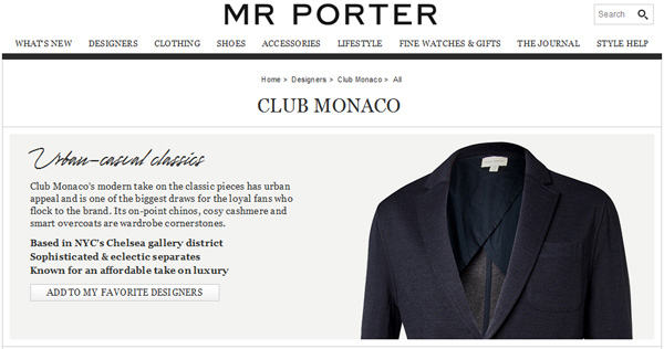 Club Monaco男裝正式登陸Mr. Porter網站